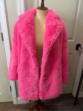 Lola & the Boys HOT PINK FAUX FUR COAT Jacket ~ Large Heart Buttons Fully Lined